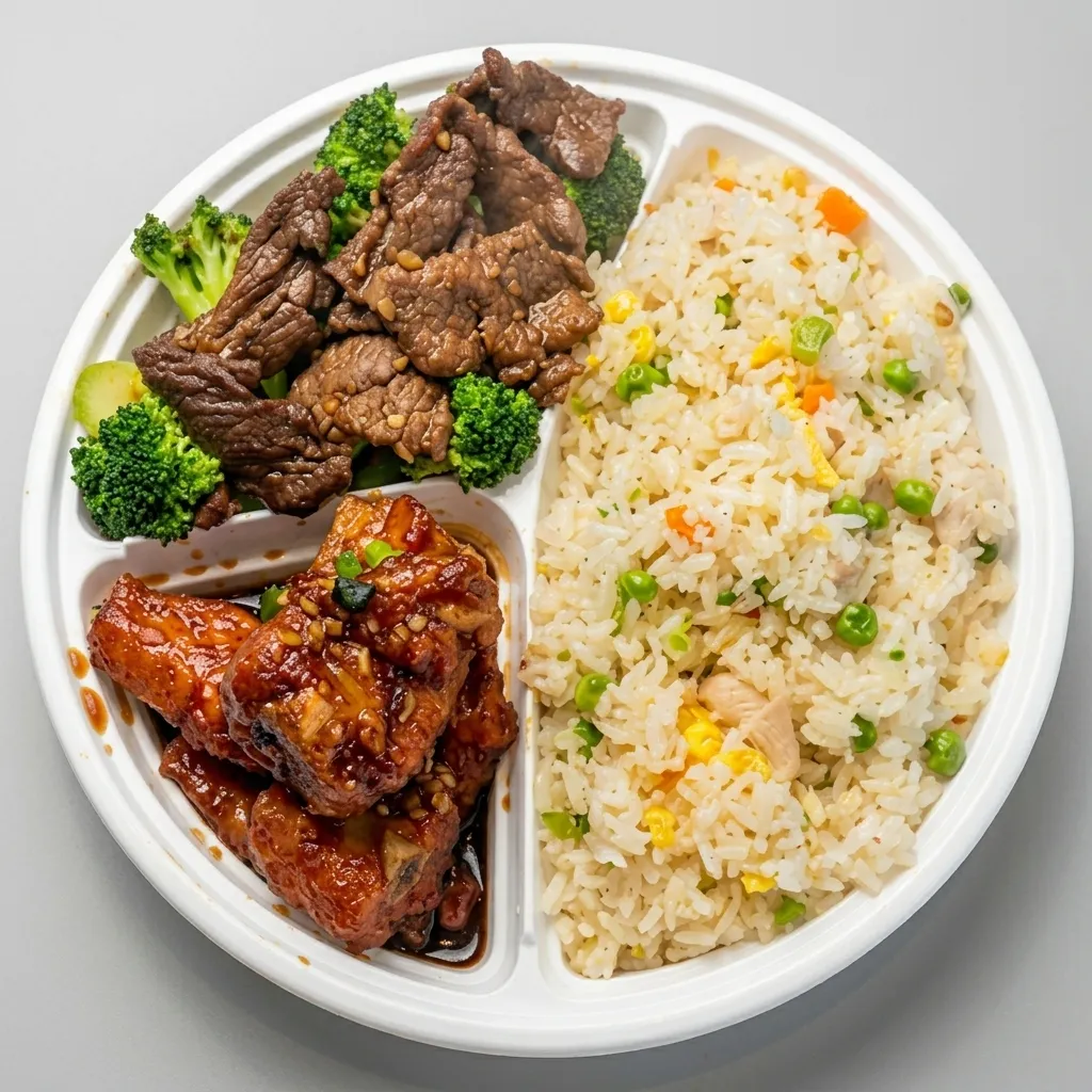 Combo E Chinese combo meal with spring rolls, honey garlic pork ribs, broccoli beef and chicken fried rice in London, Ontario at Lucky Cat