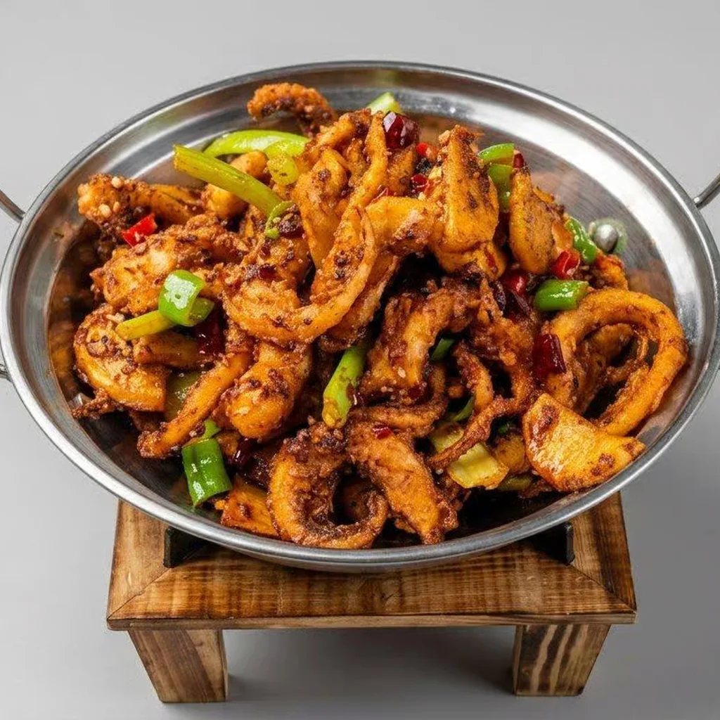 Sichuan dry pot squid tentacles served in a metal dry pot at Lucky Cat in London, Ontario